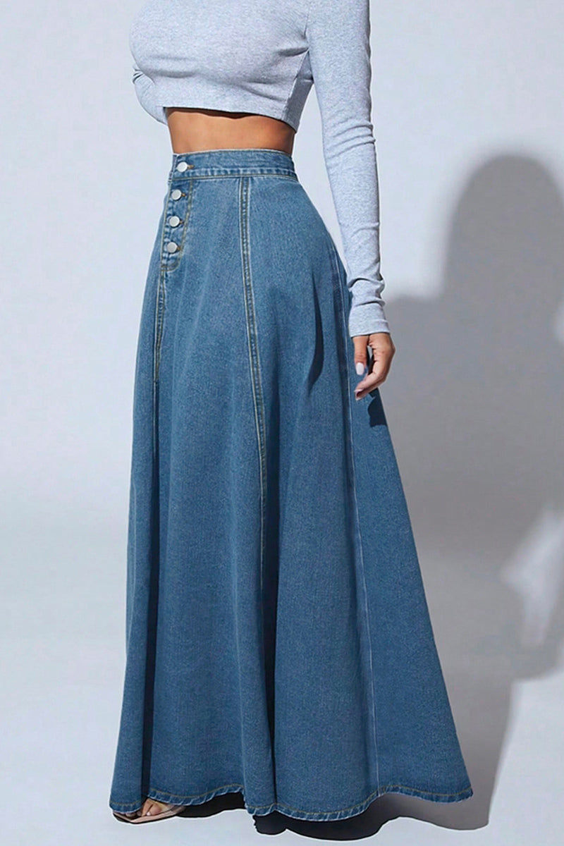 High Waist Buttoned Denim Maxi Skirt