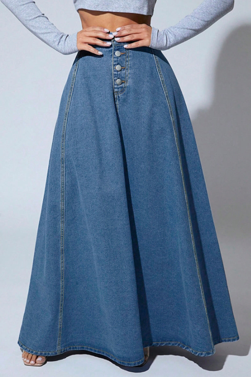 High Waist Buttoned Denim Maxi Skirt