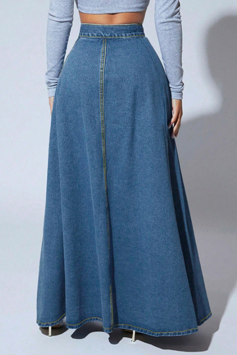 High Waist Buttoned Denim Maxi Skirt