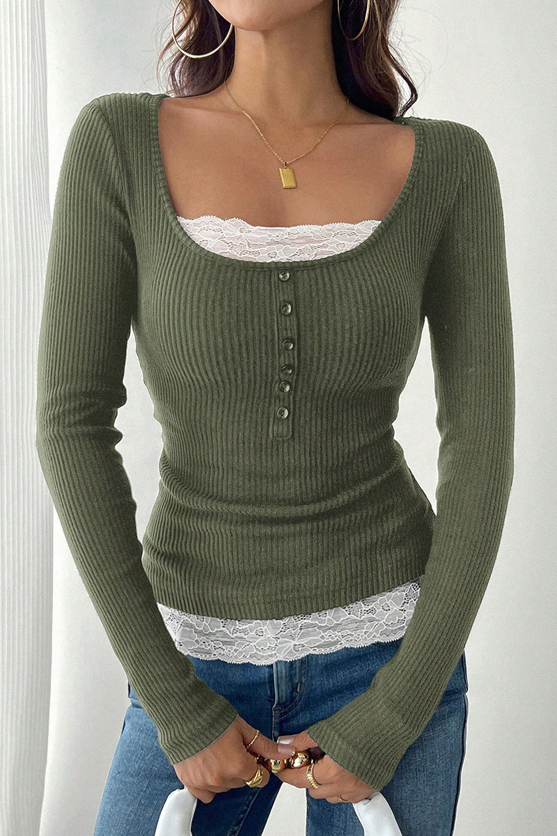 Buttoned Ribbed Top with Lace Detail