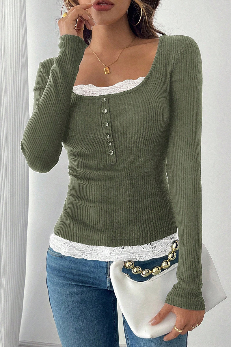 Buttoned Ribbed Top with Lace Detail