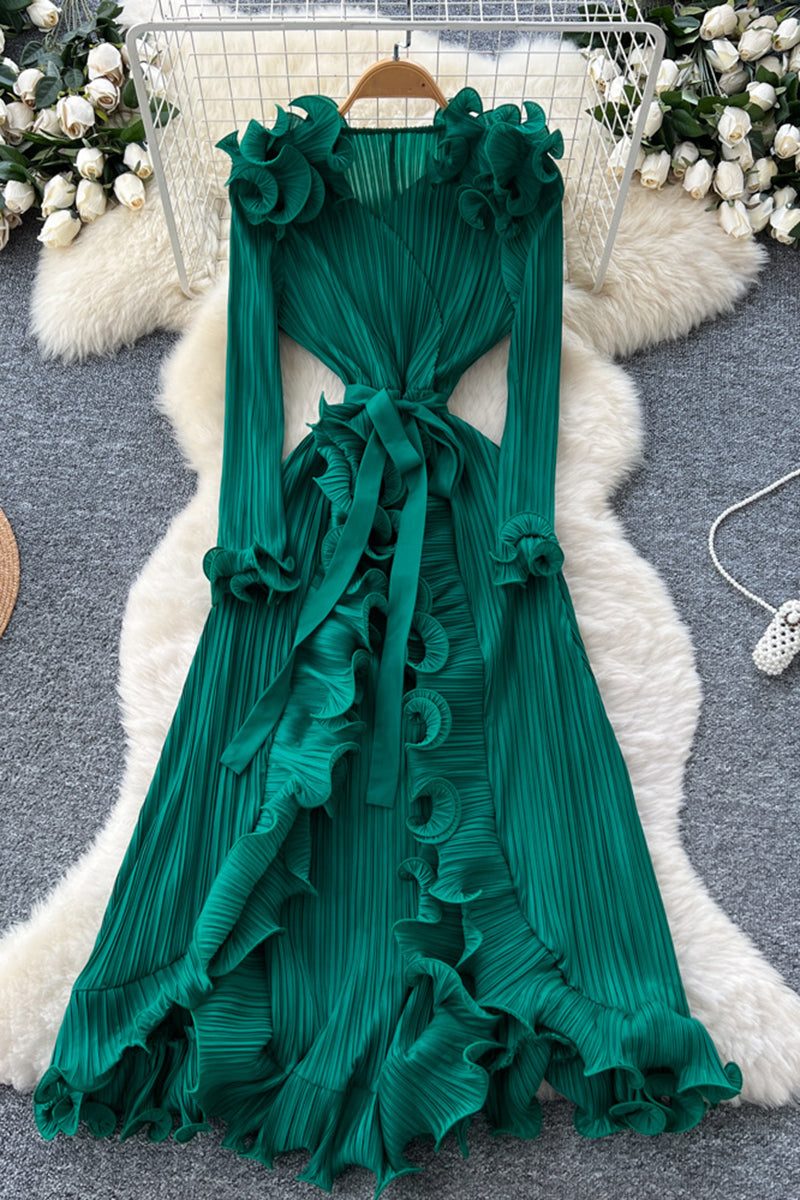 Ruffled Long Sleeve Pleated Dress