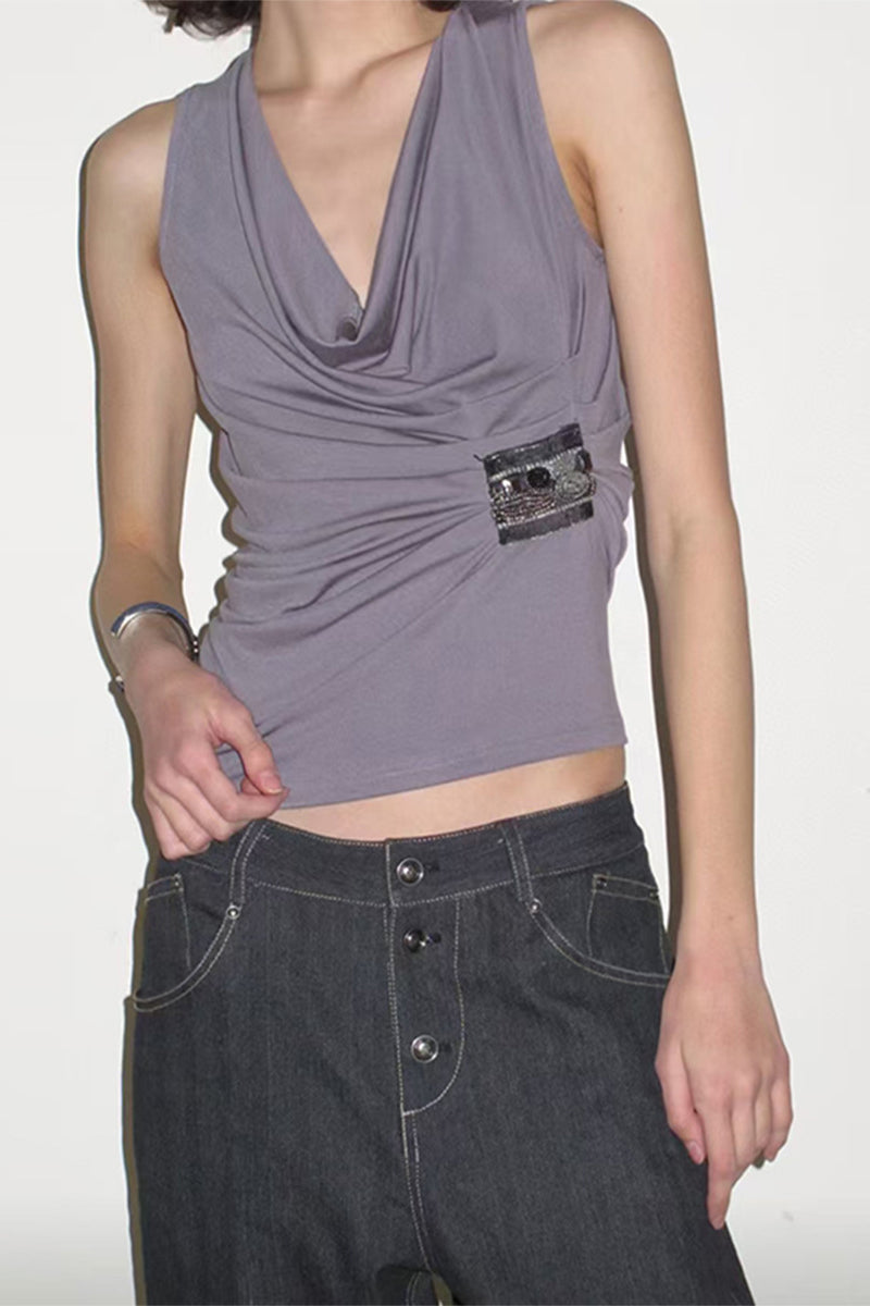 Draped Cowl Neck T-Shirt with Embellishment