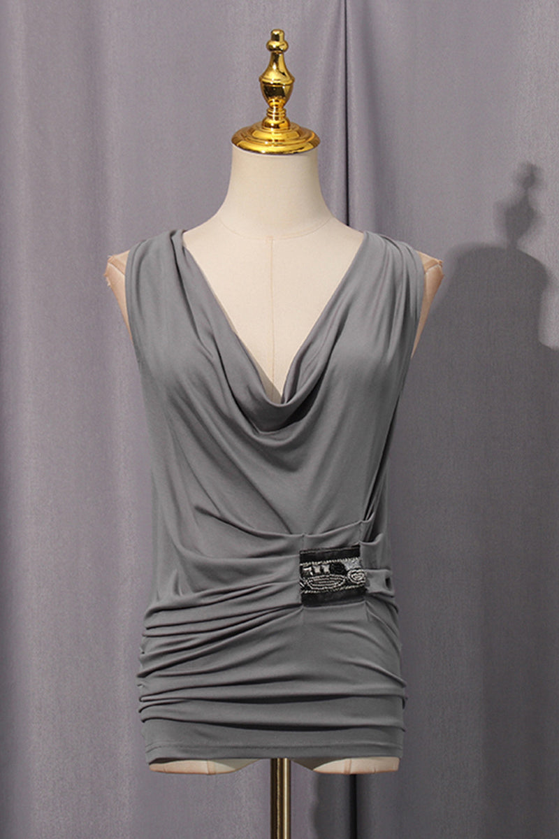 Draped Cowl Neck T-Shirt with Embellishment