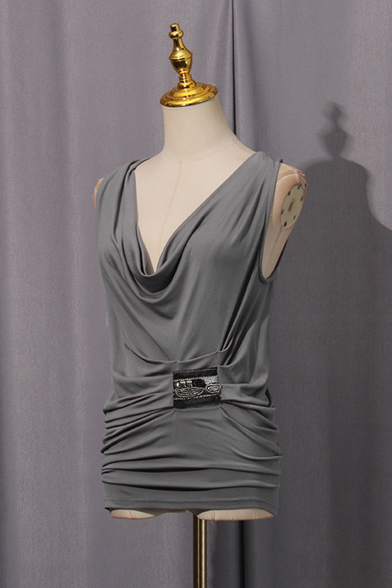 Draped Cowl Neck T-Shirt with Embellishment