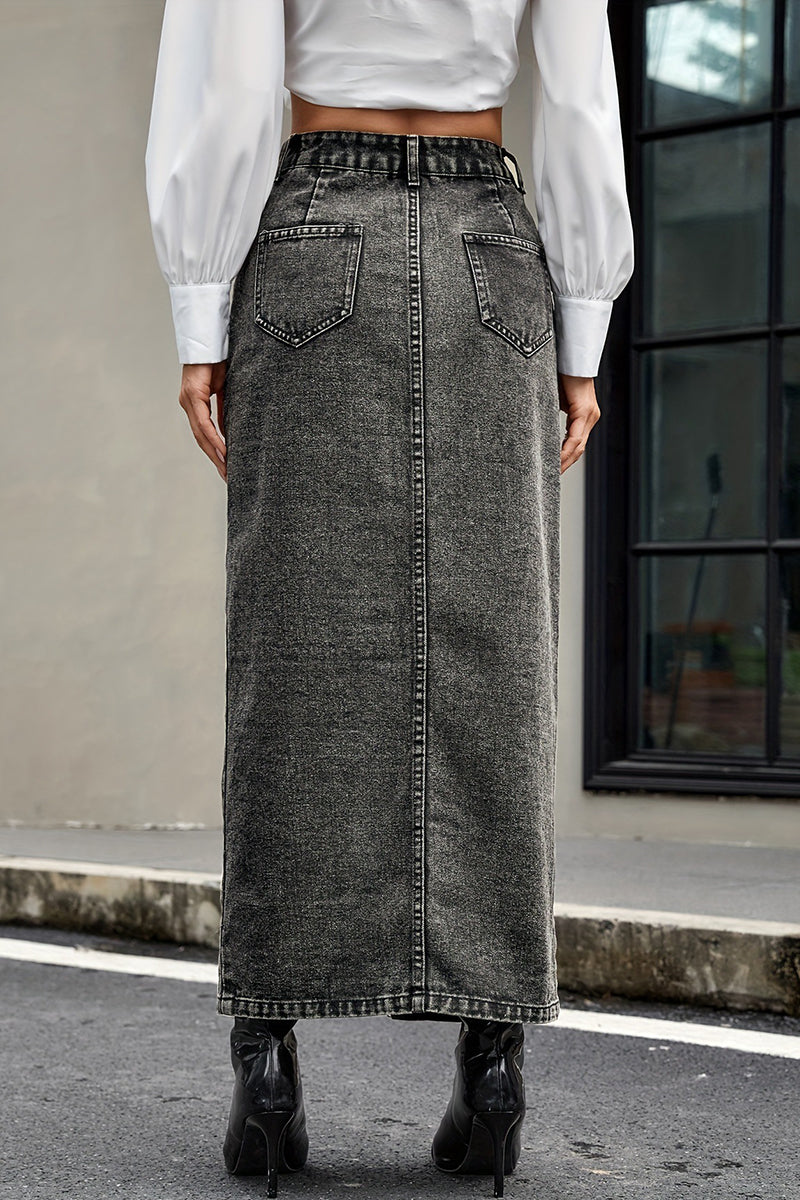 Button-Front Denim Midi Skirt