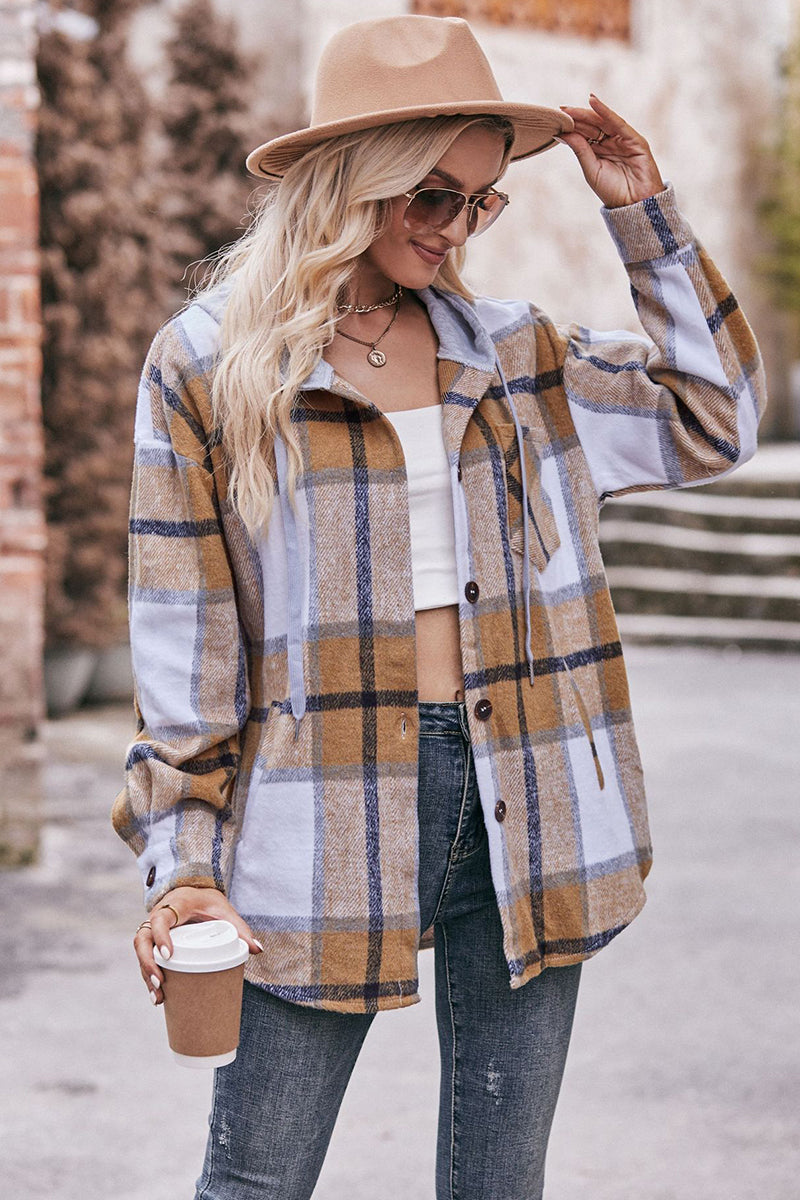 Plaid Button-Up Shacket with Hoodie