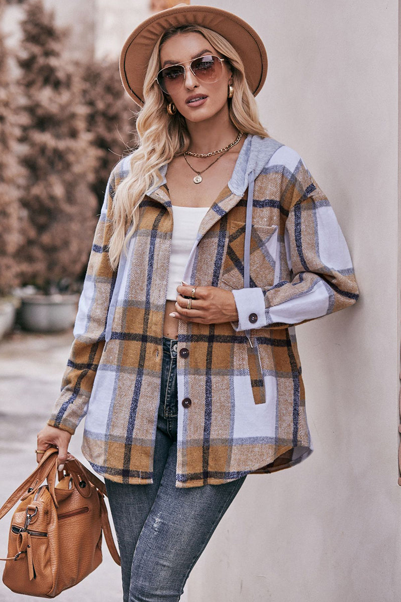 Plaid Button-Up Shacket with Hoodie