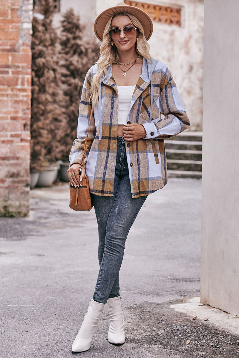 Plaid Button-Up Shacket with Hoodie