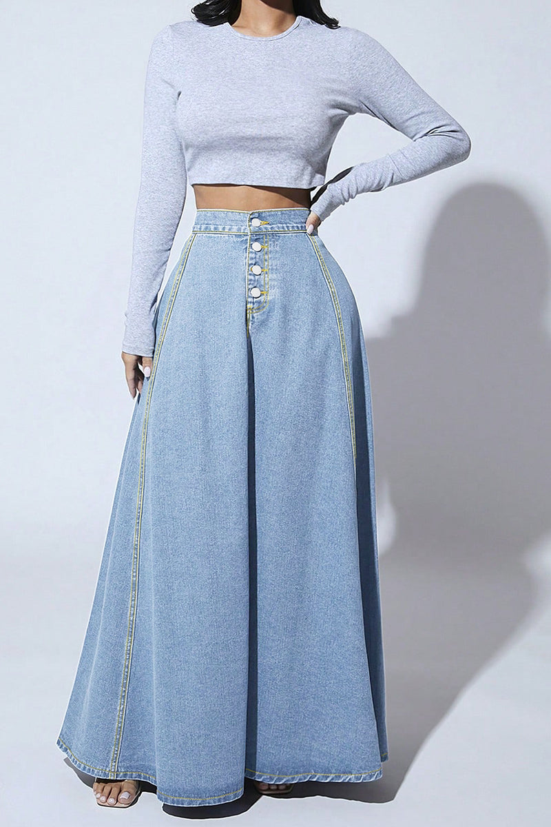 Classic Button-Up Denim Maxi Skirt