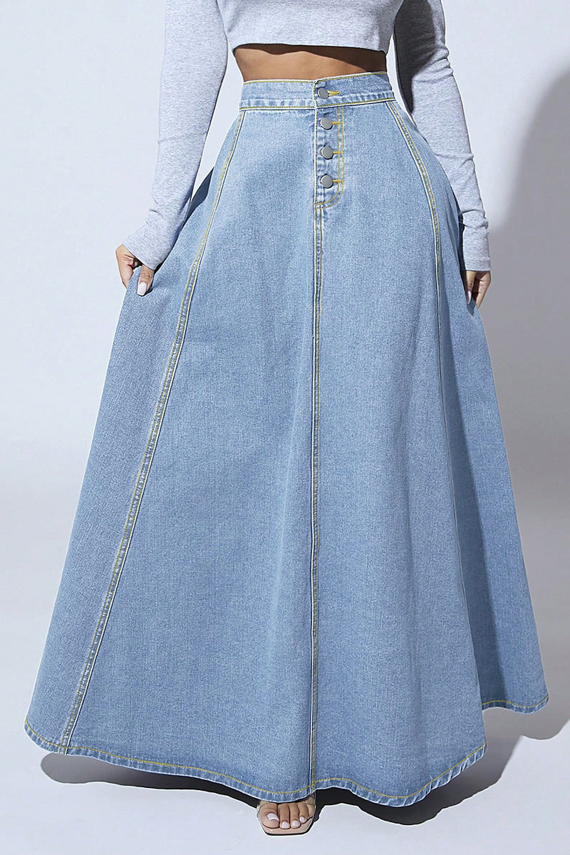 High Waist Buttoned Denim Maxi Skirt