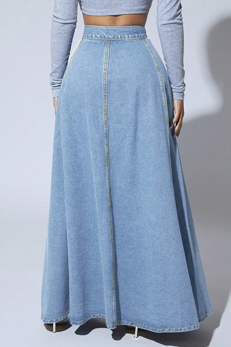 High Waist Buttoned Denim Maxi Skirt