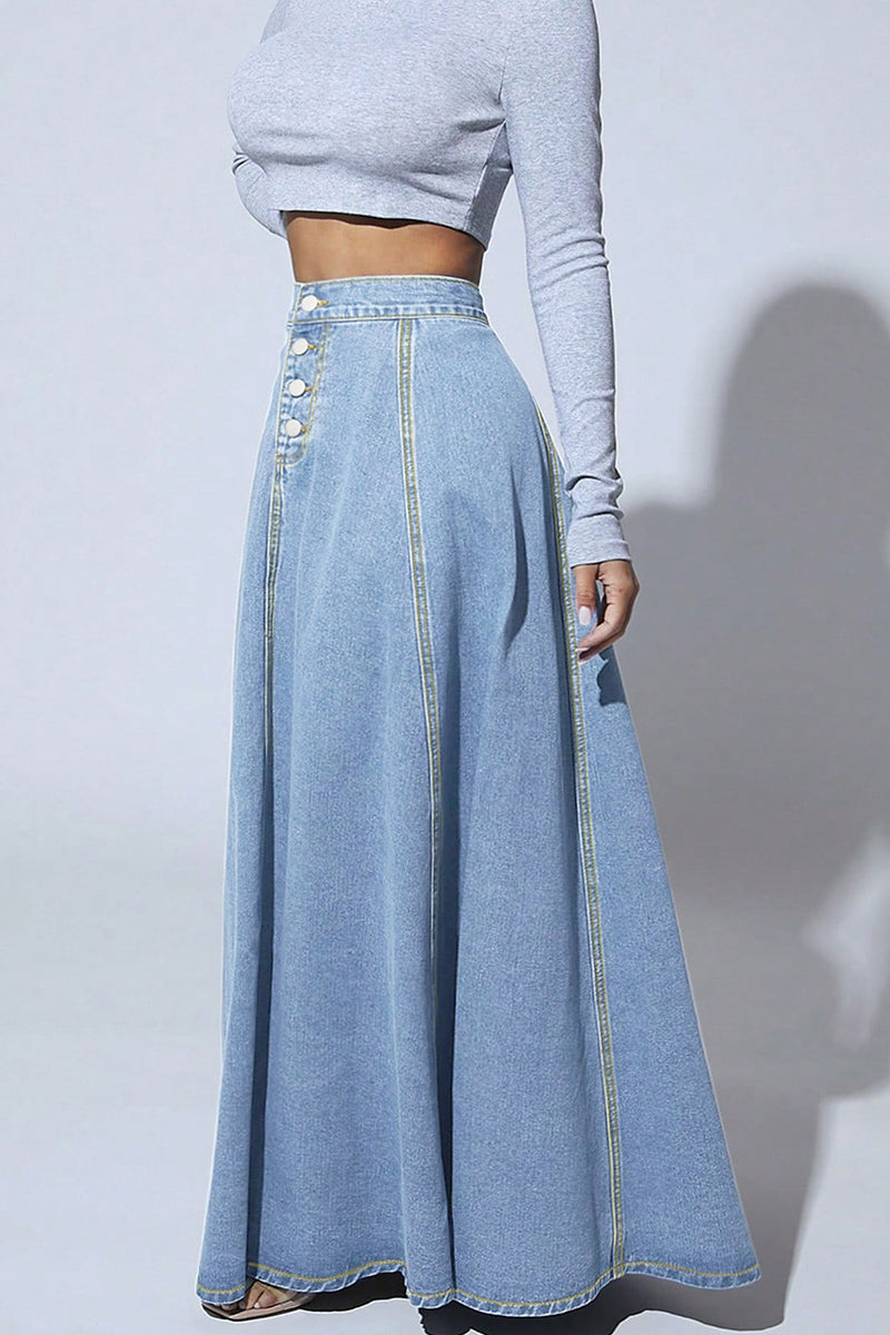 Classic Button-Up Denim Maxi Skirt
