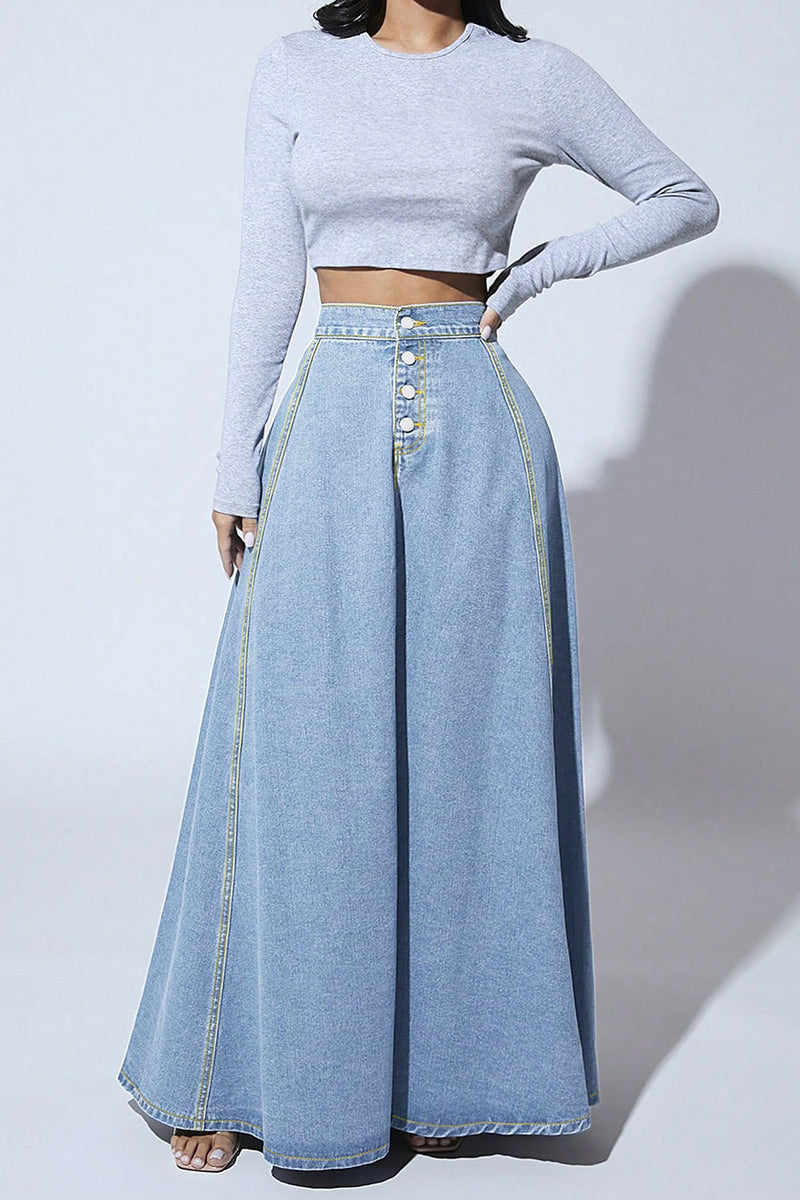 High Waist Buttoned Denim Maxi Skirt