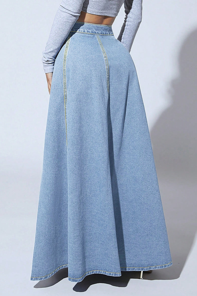 High Waist Buttoned Denim Maxi Skirt