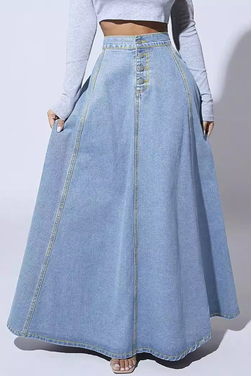 Classic Button-Up Denim Maxi Skirt