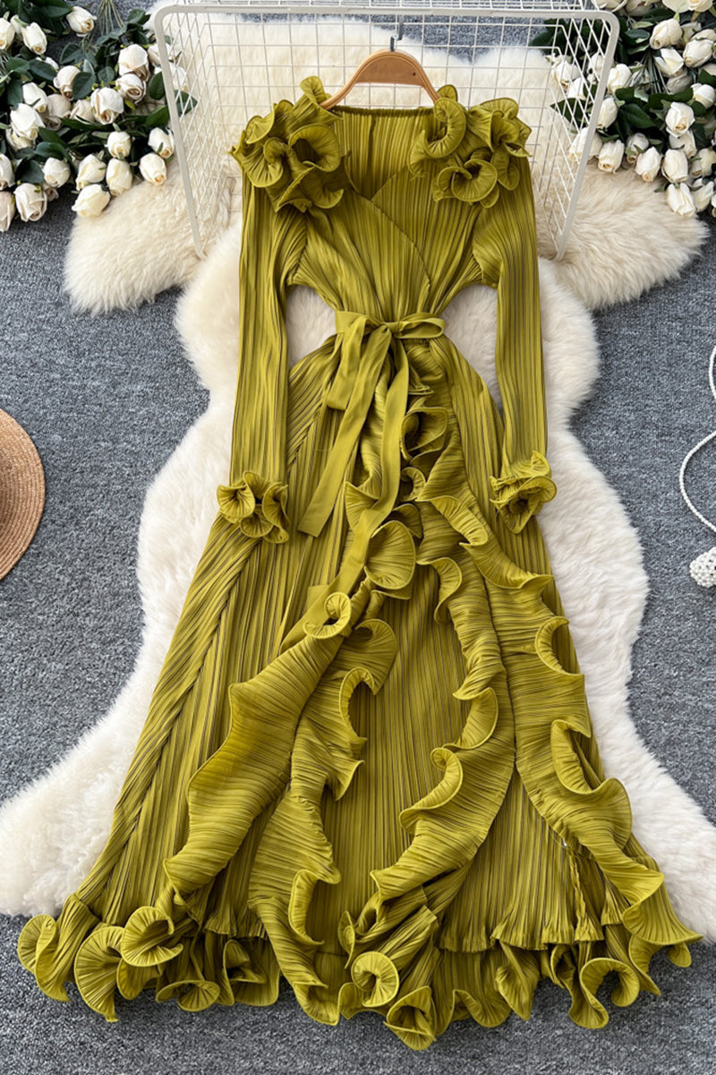 Ruffled Long Sleeve Pleated Dress