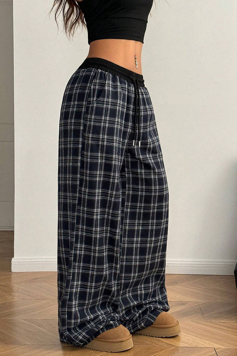 Plaid Wide-Leg Casual Pants