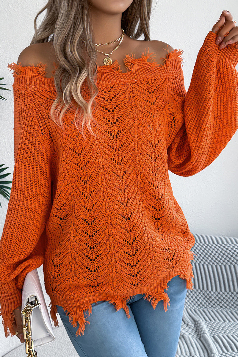 Off-Shoulder Fringe Knit Sweater