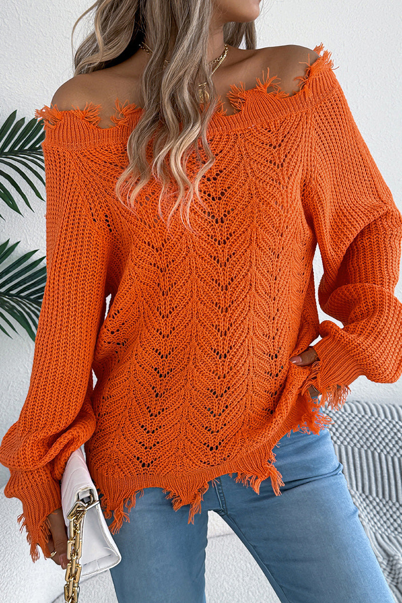 Off-Shoulder Fringe Knit Sweater