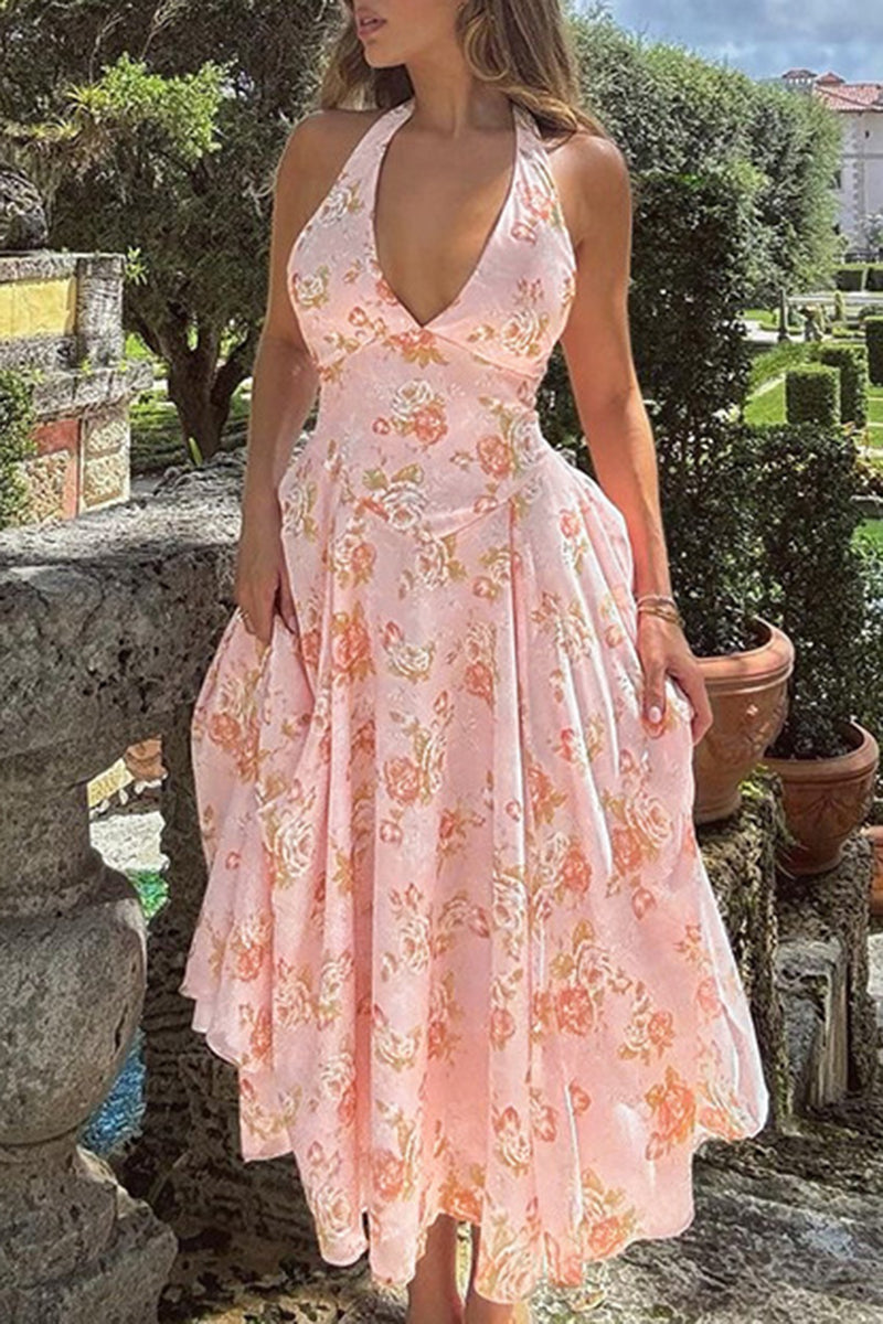 Halter Neck Floral Midi Dress