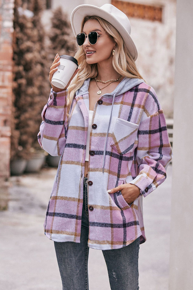 Plaid Button-Up Shacket with Hoodie