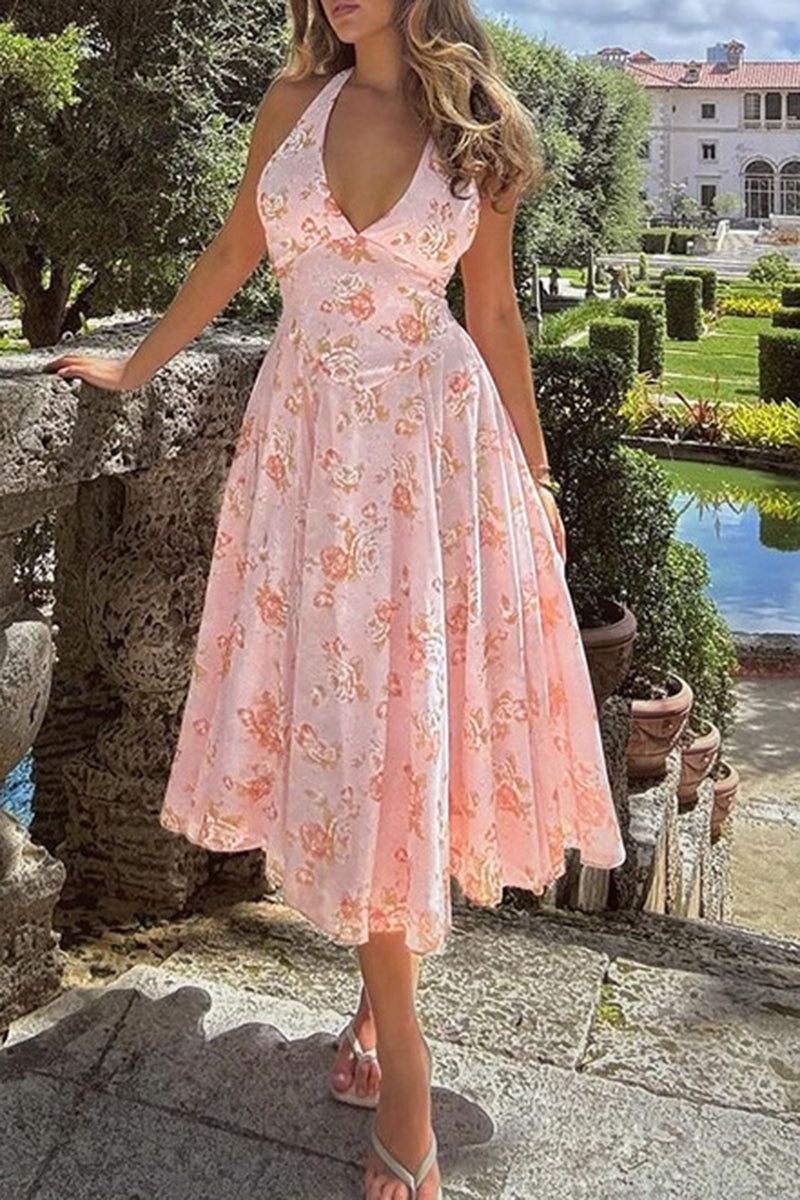 Halter Neck Floral Midi Dress