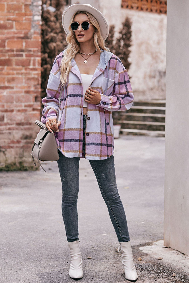 Plaid Button-Up Shacket with Hoodie