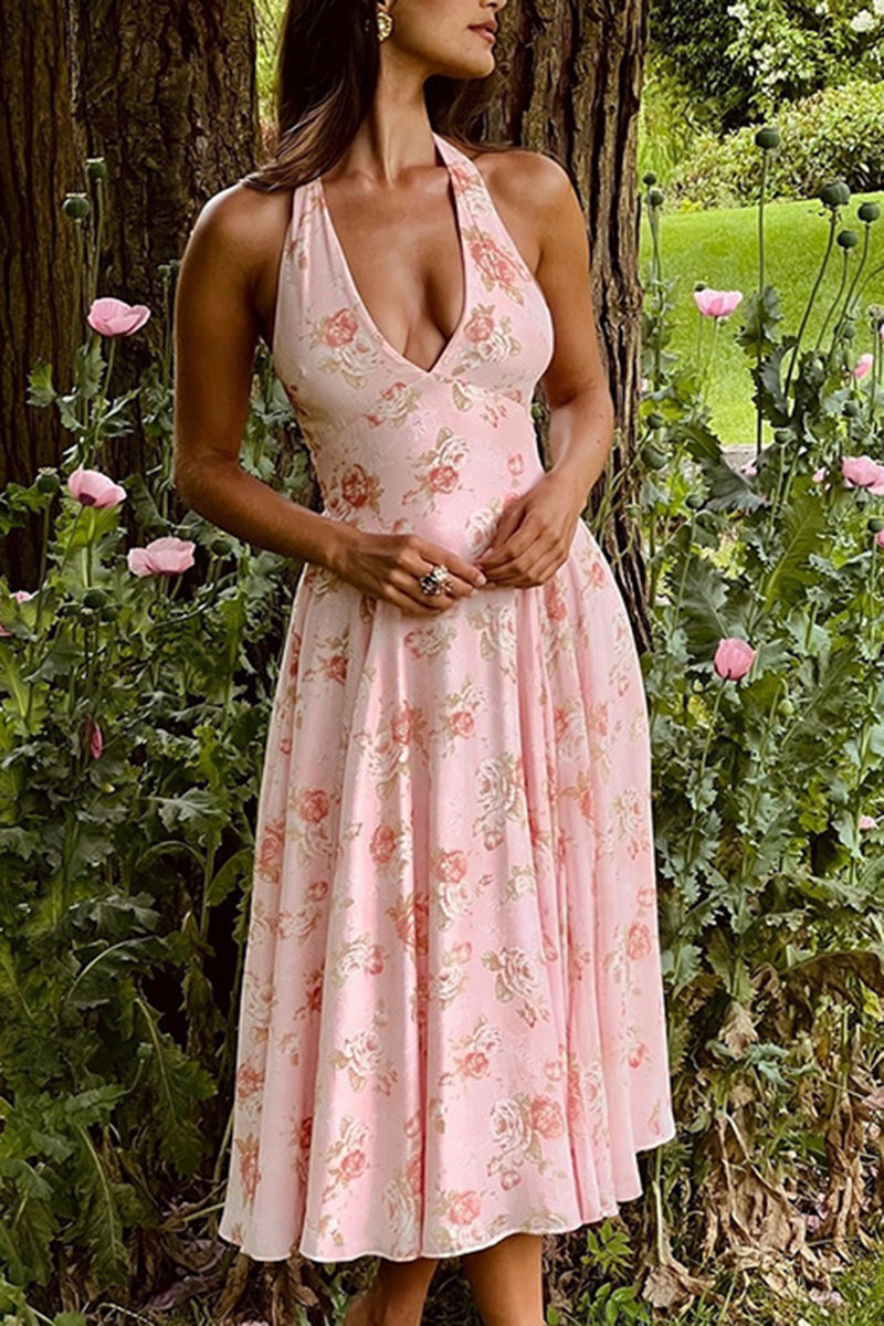 Halter Neck Floral Midi Dress