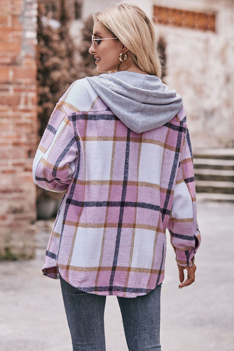 Plaid Button-Up Shacket with Hoodie