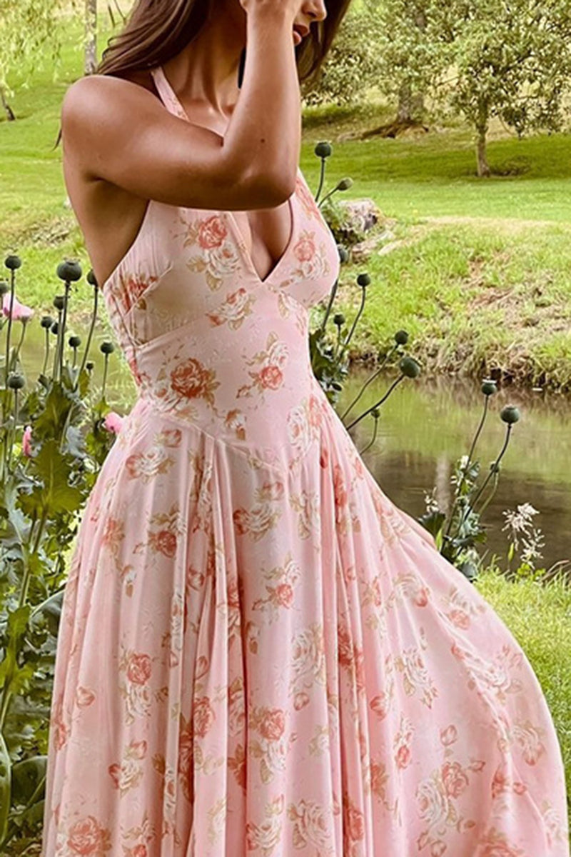 Halter Neck Floral Midi Dress