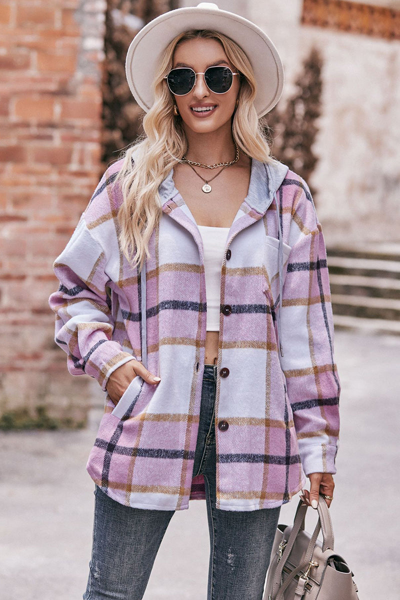 Plaid Button-Up Shacket with Hoodie
