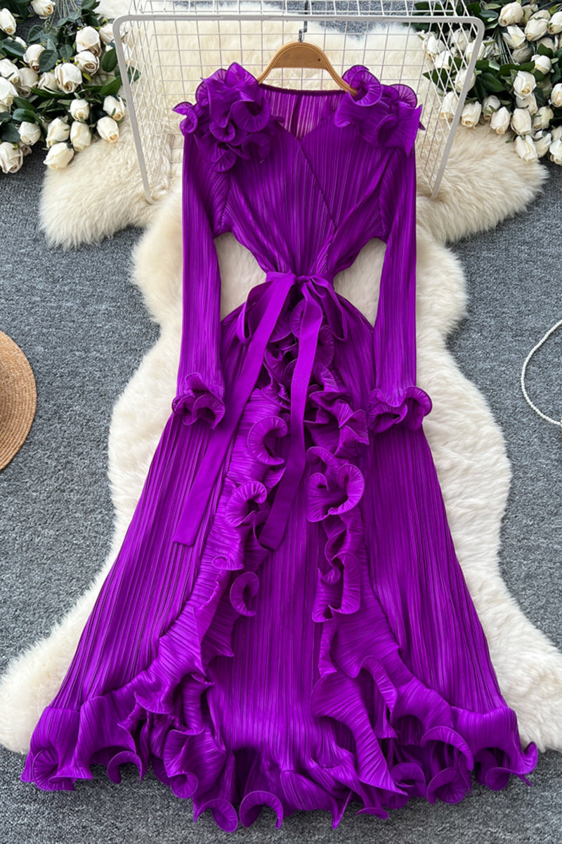 Ruffled Long Sleeve Pleated Dress