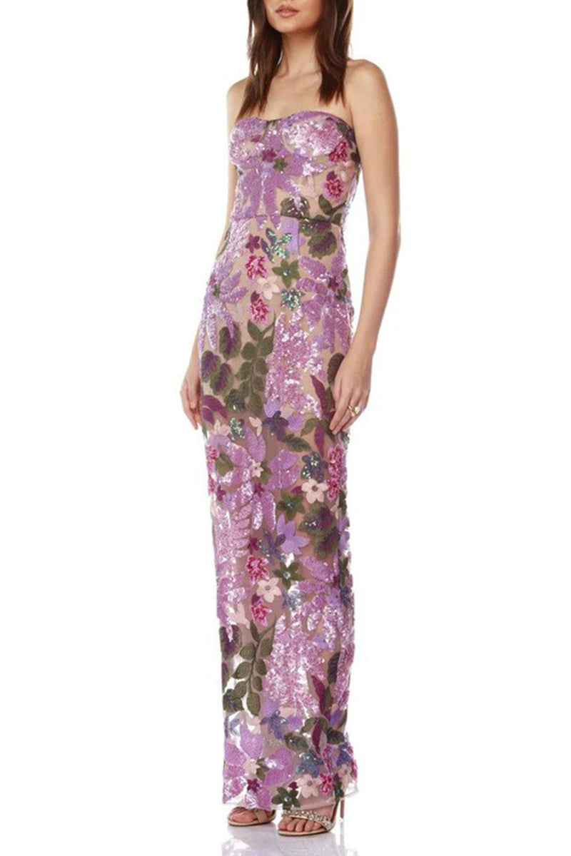 Strapless Floral Evening Gown