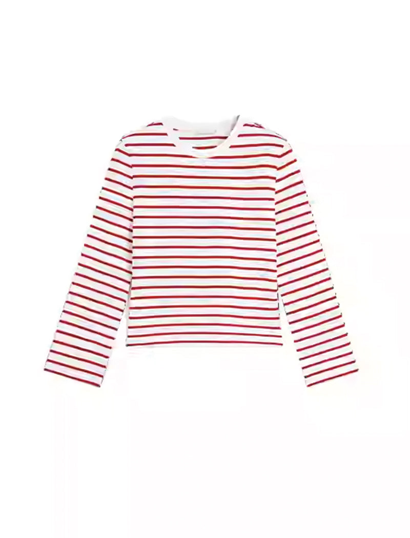 Long-Sleeve Red and White Striped Crop Top