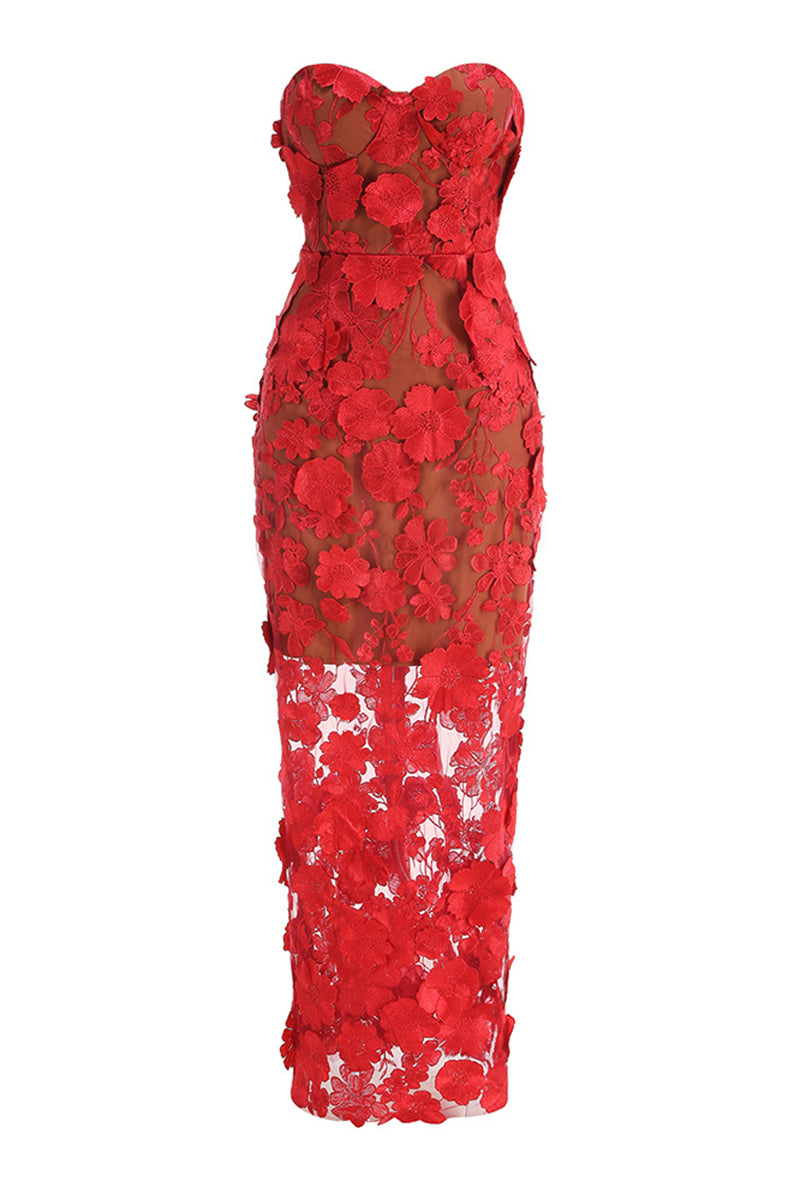 Floral Appliqué Strapless Evening Dress