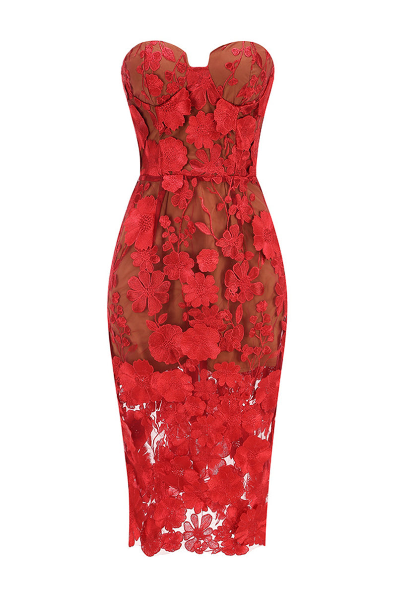 Strapless Floral Lace Evening Dress