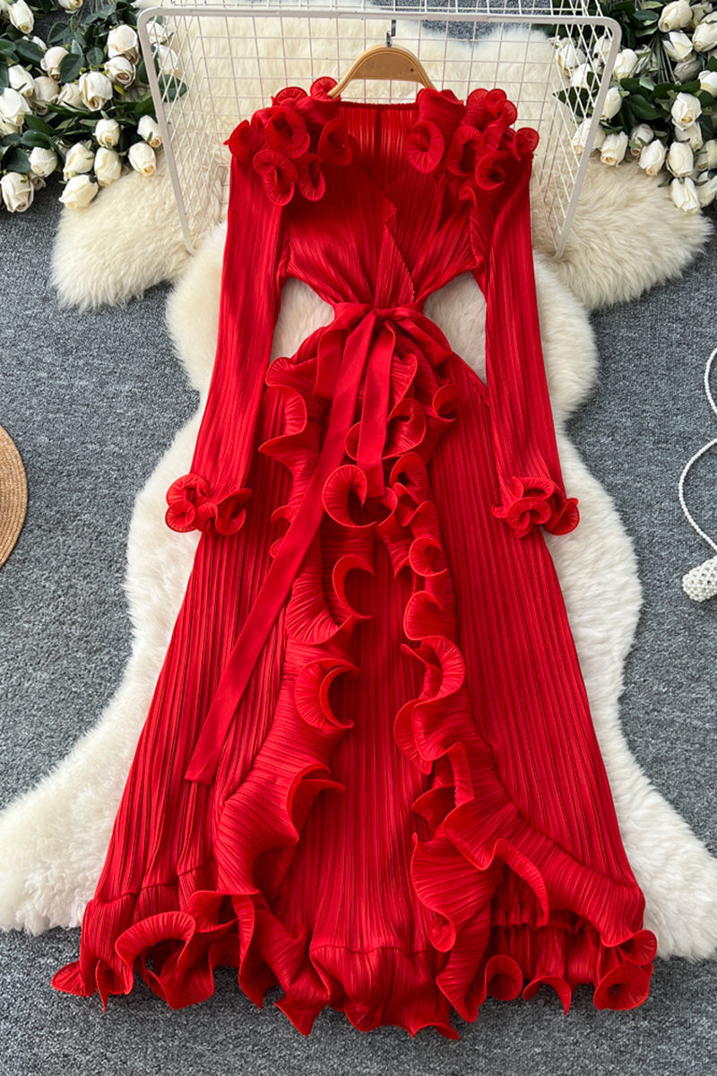 Ruffled Long Sleeve Pleated Dress