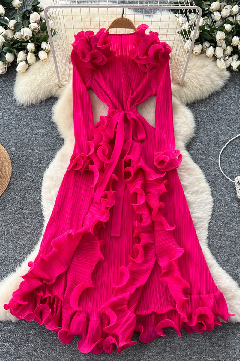 Ruffled Long Sleeve Pleated Dress