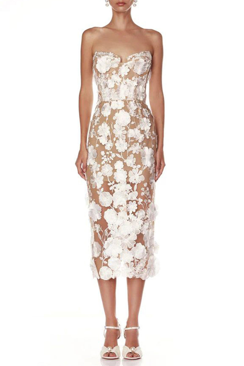 Strapless Floral Lace Evening Dress