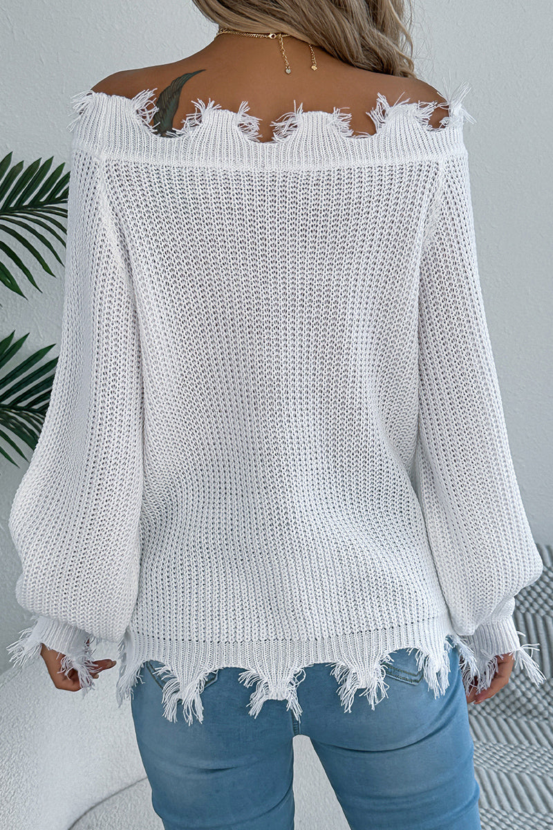 Off-Shoulder Fringe Knit Sweater
