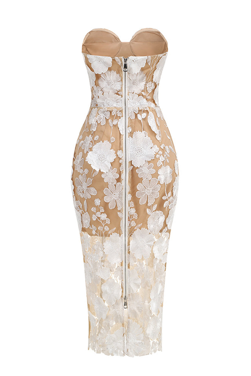 Strapless Floral Lace Evening Dress