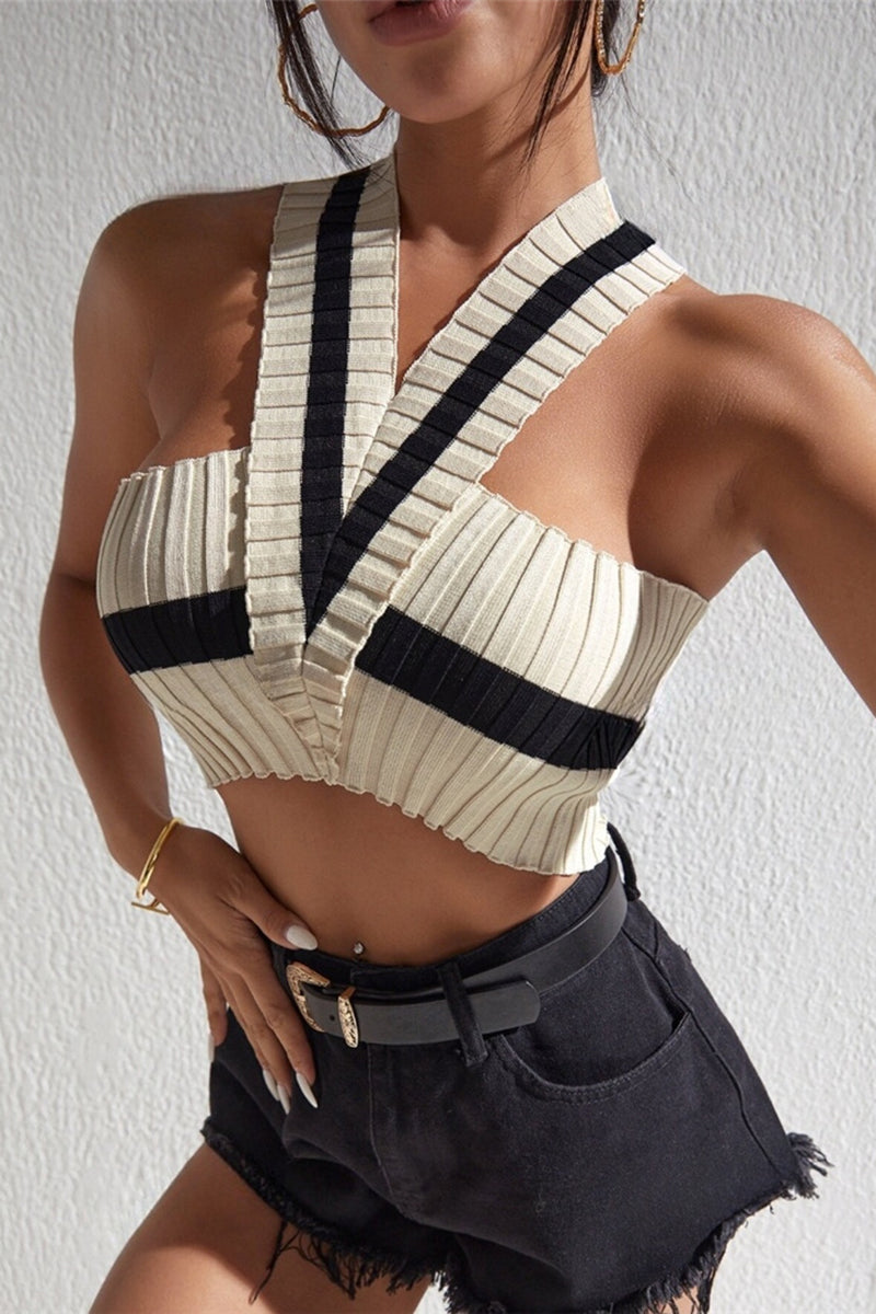 Halter Neck Striped Crop Top