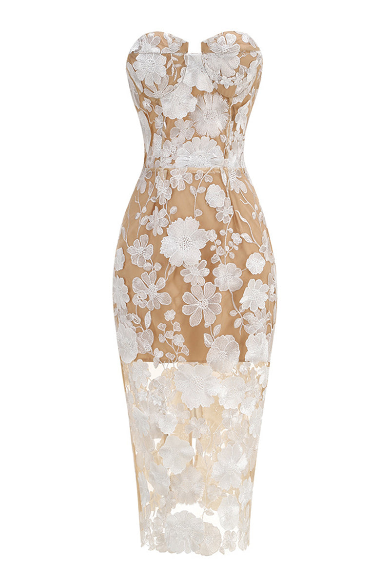 Strapless Floral Lace Evening Dress