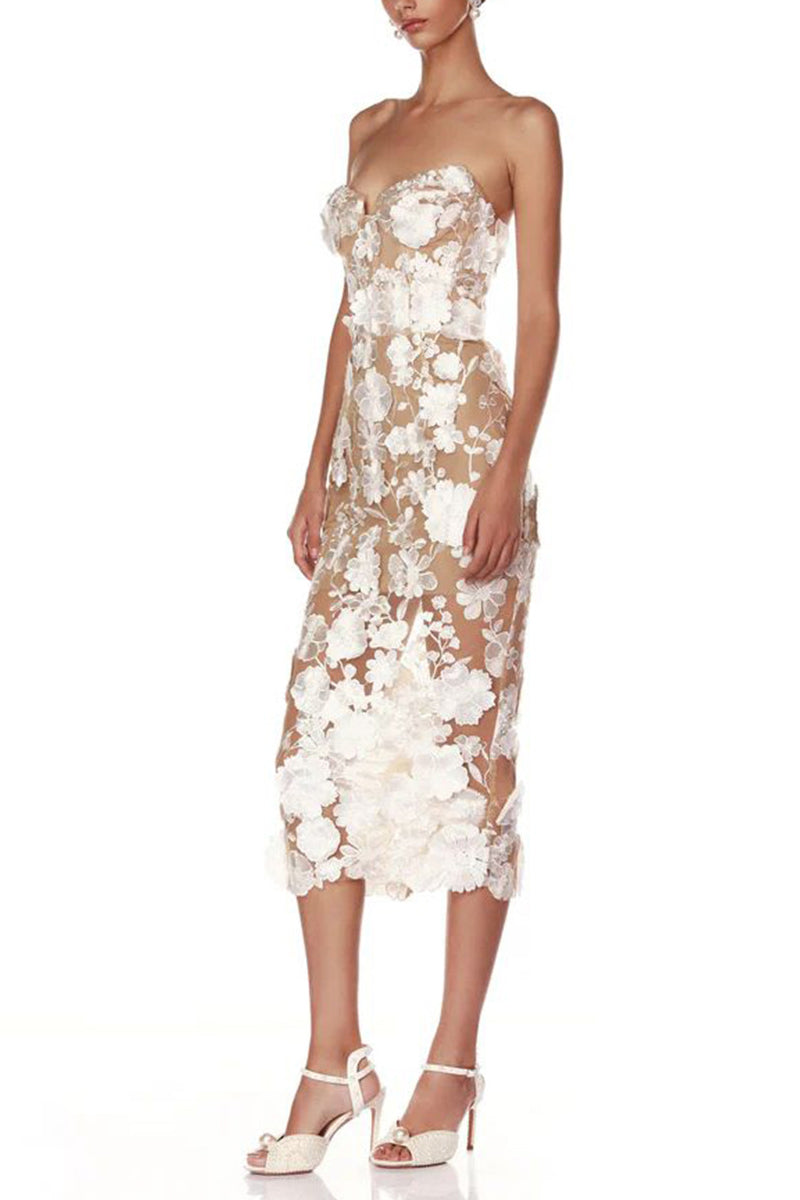 Strapless Floral Lace Evening Dress