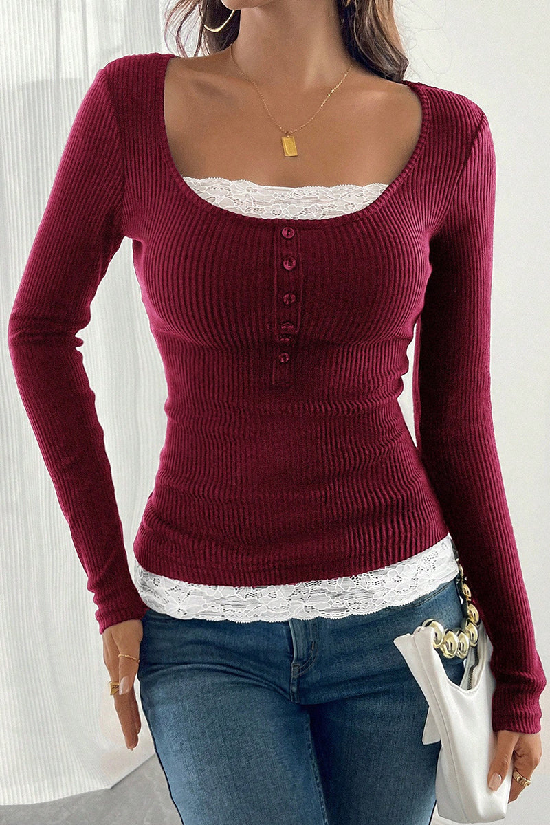 Buttoned Ribbed Top with Lace Detail