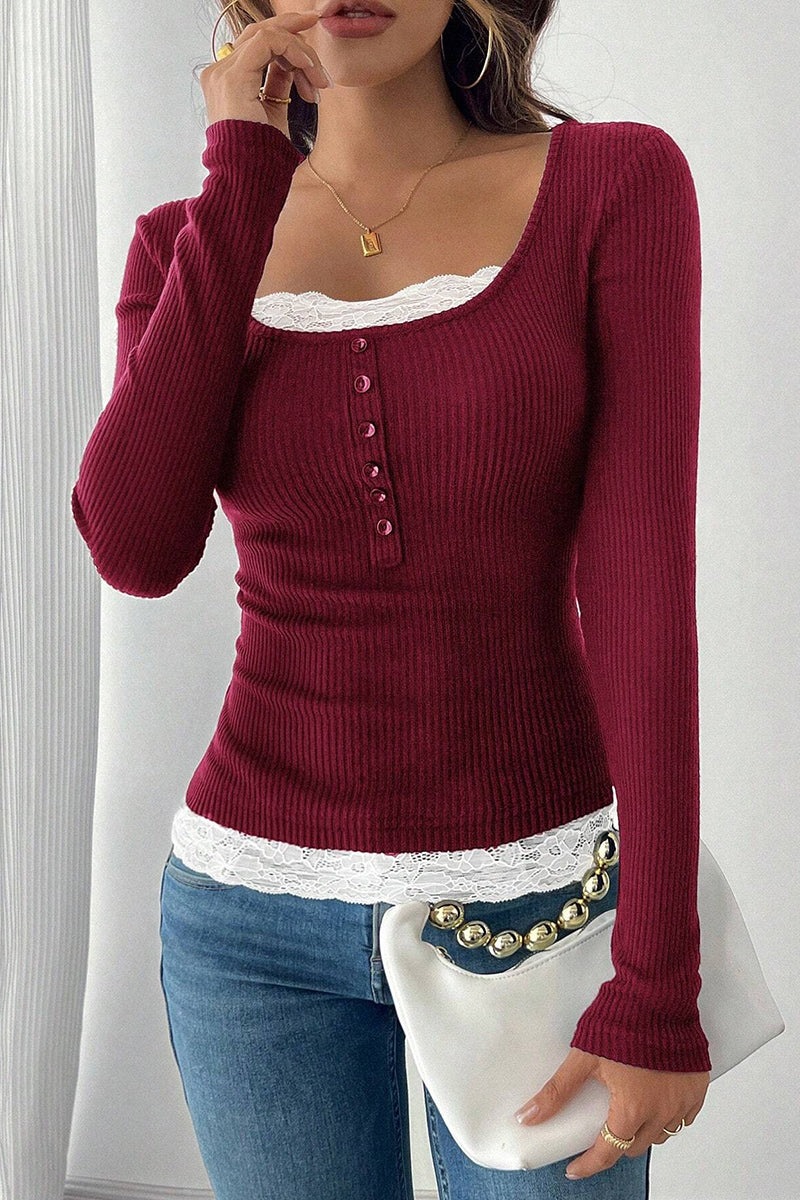 Buttoned Ribbed Top with Lace Detail